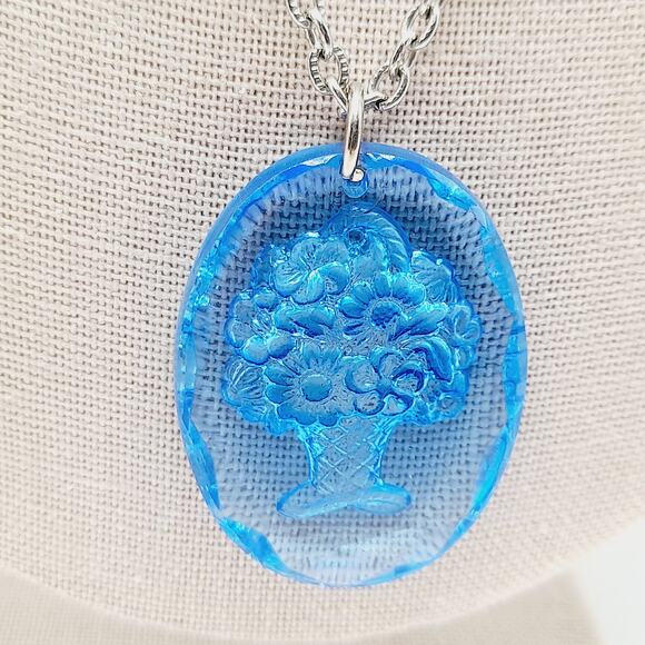 Vintage Blue Glass Intaglio Basket Pendant Necklace 24” Silver Chain - Picture 2 of 10